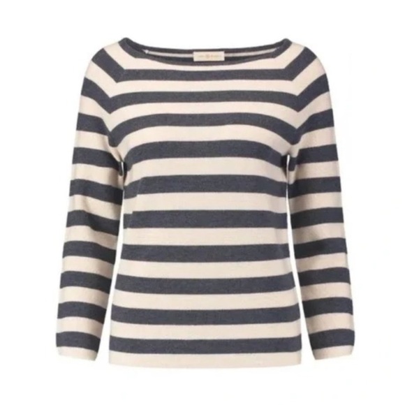 🏷️ SOLD • TORY BURCH • Kim Merino Wool Striped Sweater in Birch/Charcoal • Small - Picture 2 of 12